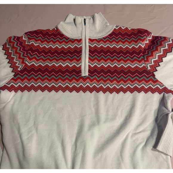 Nils designer quarter-zip sweater red & white zigzag pattern Large Women’s Top - Picture 6 of 7